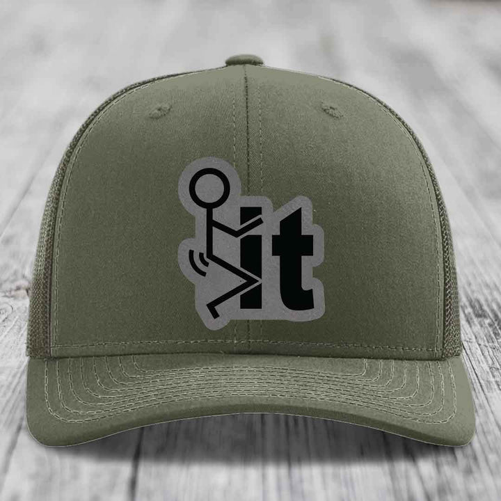 F*ck It - Leather Patch Hat - Grey to Black Patch - Richardson 112 Snapback Trucker Hat