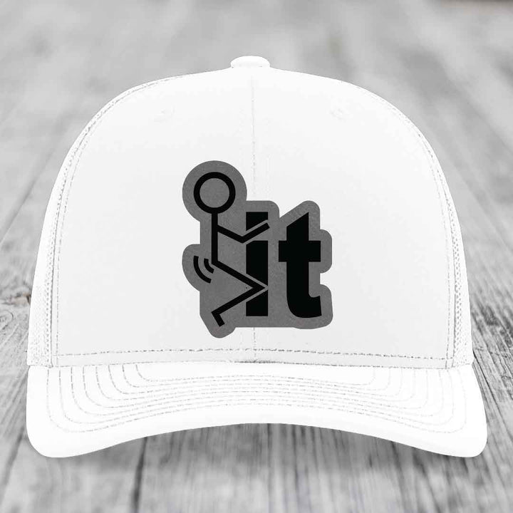 F*ck It - Leather Patch Hat - Grey to Black Patch - Richardson 112 Snapback Trucker Hat