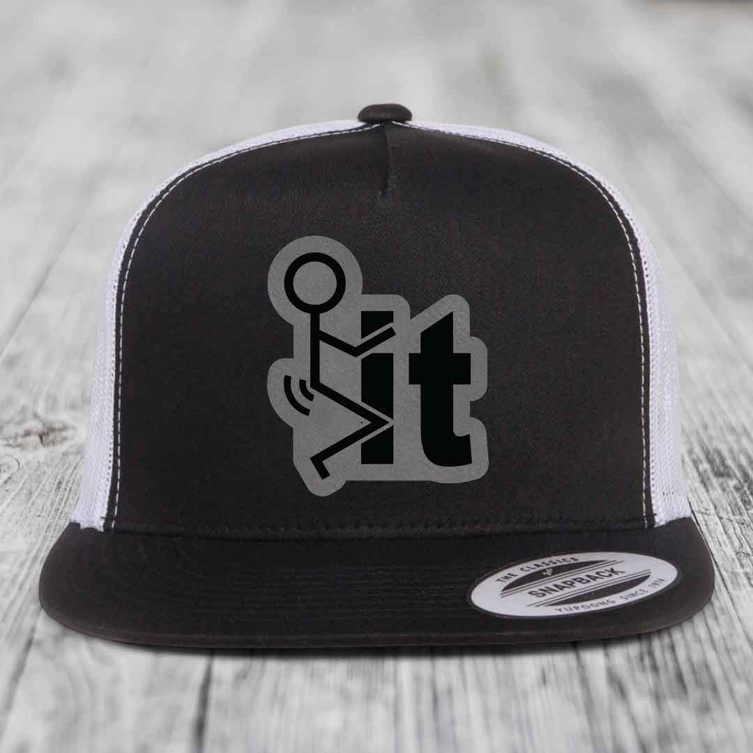F*ck It - Leather Patch Hat - Grey to Black Patch - Yupoong 6006 Snapback Flatbill Hat