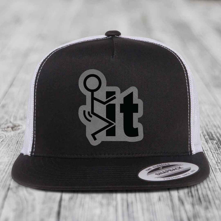 F*ck It - Leather Patch Hat - Grey to Black Patch - Yupoong 6006 Snapback Flatbill Hat