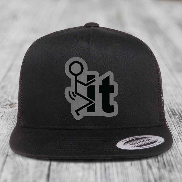 F*ck It - Leather Patch Hat - Grey to Black Patch - Yupoong 6006 Snapback Flatbill Hat