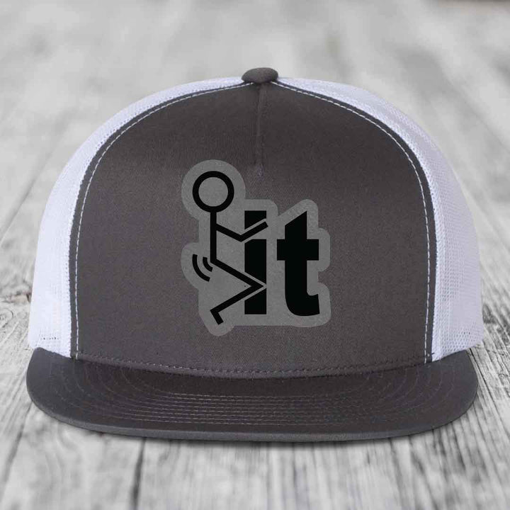 F*ck It - Leather Patch Hat - Grey to Black Patch - Yupoong 6006 Snapback Flatbill Hat