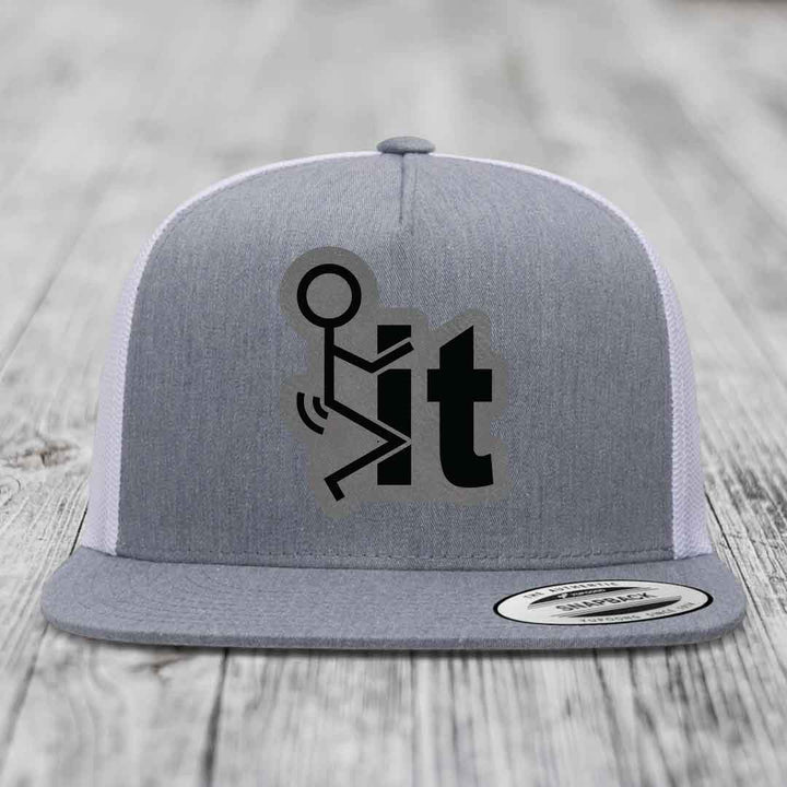 F*ck It - Leather Patch Hat - Grey to Black Patch - Yupoong 6006 Snapback Flatbill Hat