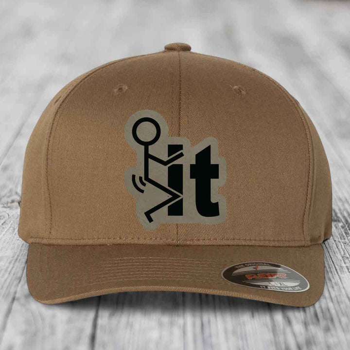 F*ck It - Leather Patch Hat - Light Brown to Black Patch - Flexfit 6277 Fitted Hat
