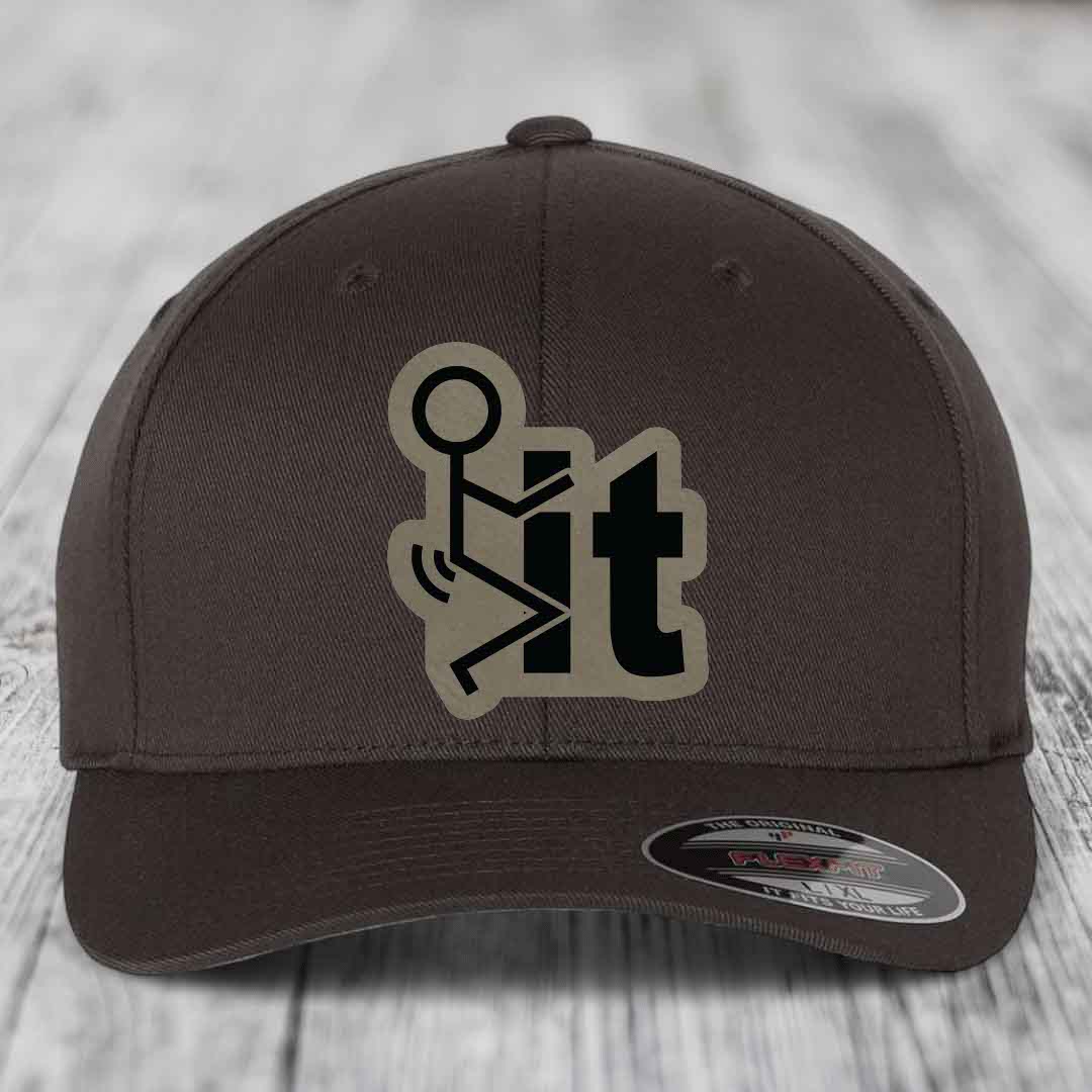 F*ck It - Leather Patch Hat - Light Brown to Black Patch - Flexfit 6277 Fitted Hat