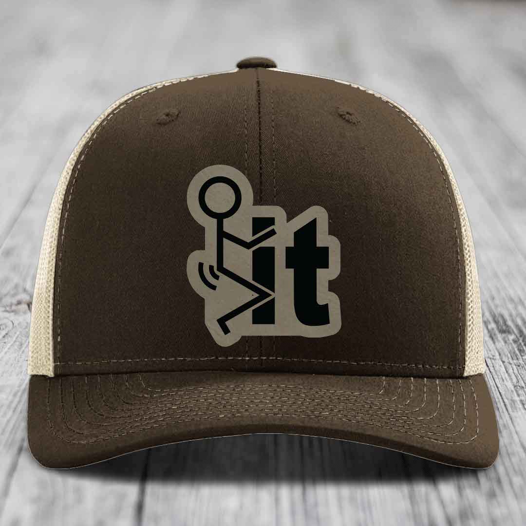 Brown trucker hat with beige mesh back and black embroidered &