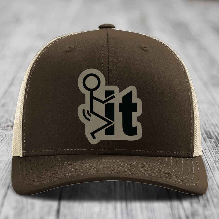 Brown trucker hat with beige mesh back and black embroidered &