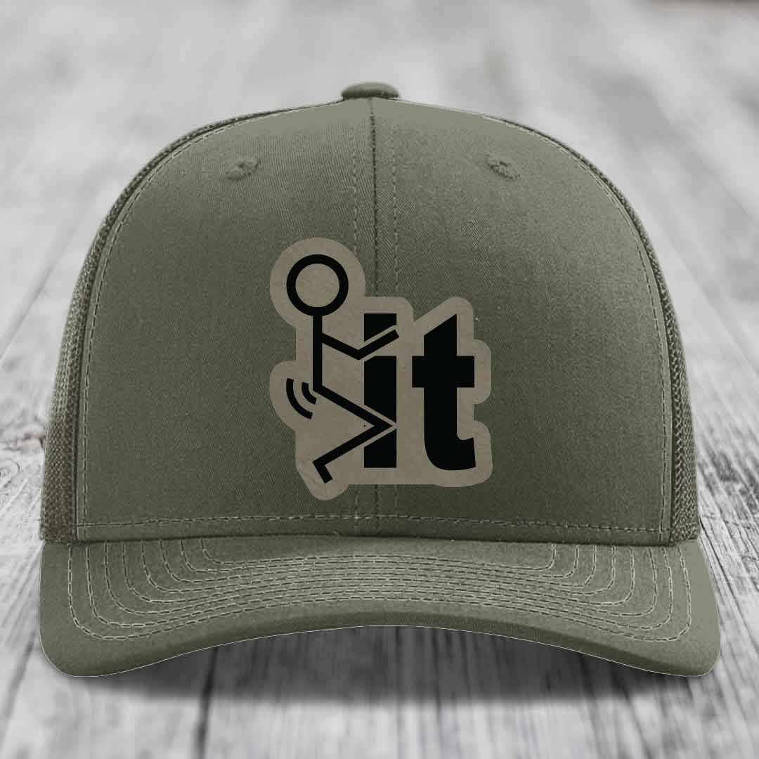 F*ck It - Leather Patch Hat - Light Brown to Black Patch - Richardson 112 Snapback Trucker Hat