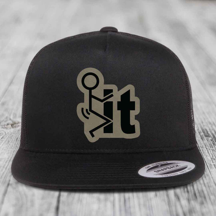 F*ck It - Leather Patch Hat - Light Brown to Black Patch - Yupoong 6006 Snapback Flatbill Hat
