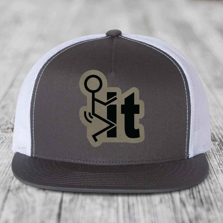 F*ck It - Leather Patch Hat - Light Brown to Black Patch - Yupoong 6006 Snapback Flatbill Hat