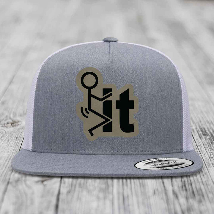 F*ck It - Leather Patch Hat - Light Brown to Black Patch - Yupoong 6006 Snapback Flatbill Hat