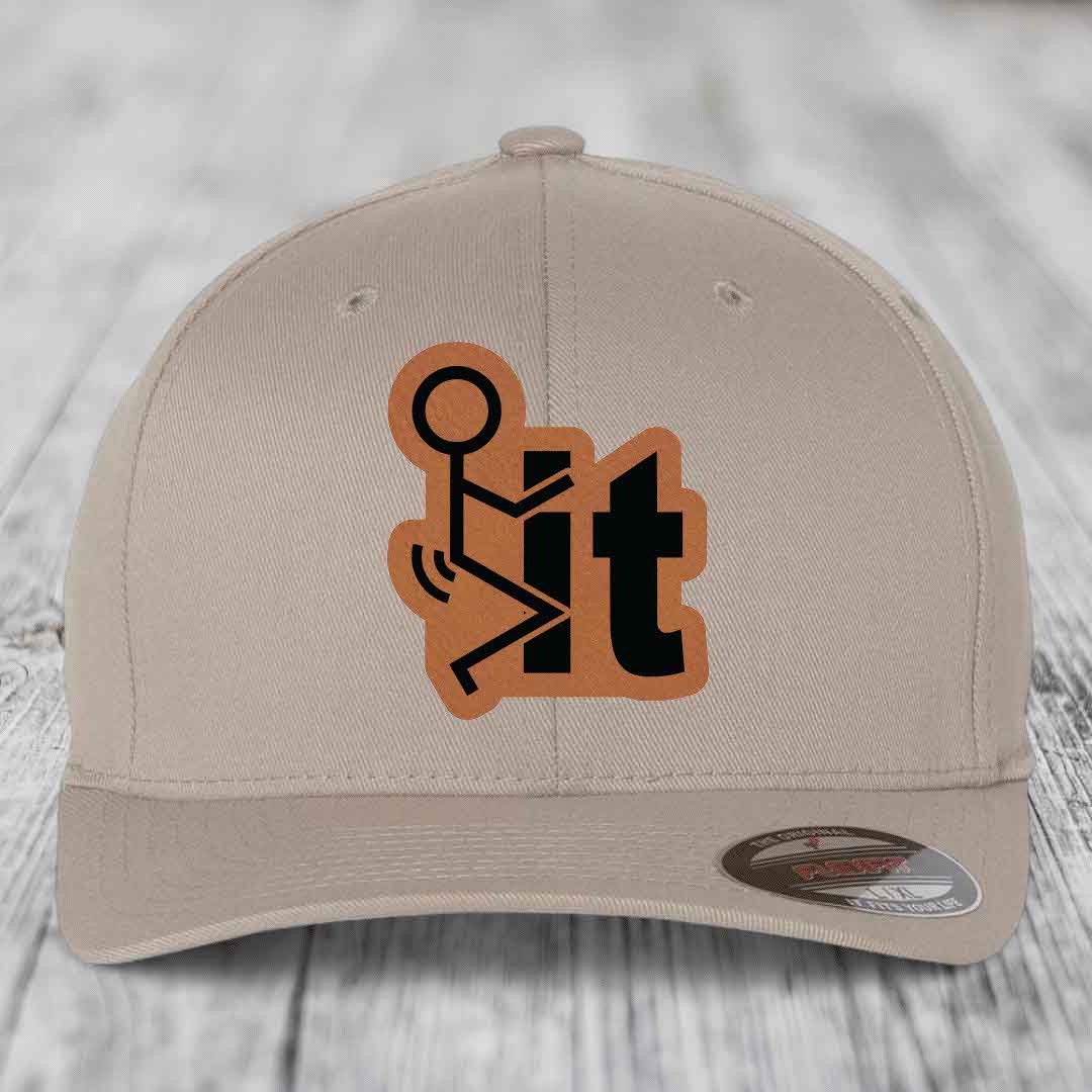 F*ck It - Leather Patch Hat - Rawhide to Black Patch - Flexfit 6277 Fitted Hat