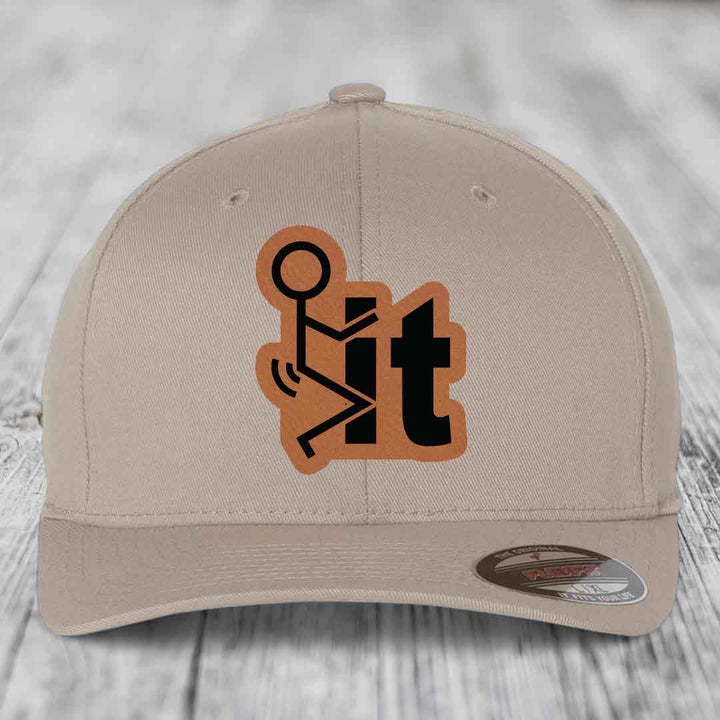 F*ck It - Leather Patch Hat - Rawhide to Black Patch - Flexfit 6277 Fitted Hat