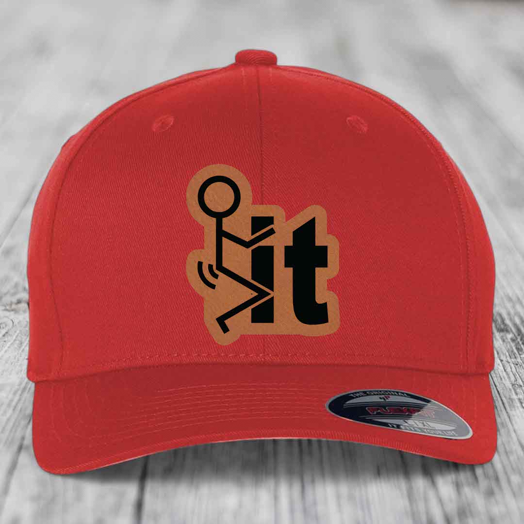 F*ck It - Leather Patch Hat - Rawhide to Black Patch - Flexfit 6277 Fitted Hat