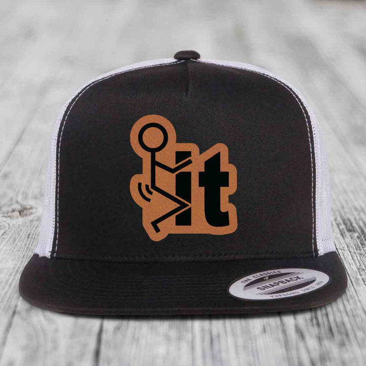F*ck It - Leather Patch Hat - Rawhide to Black Patch - Yupoong 6006 Snapback Flatbill Hat