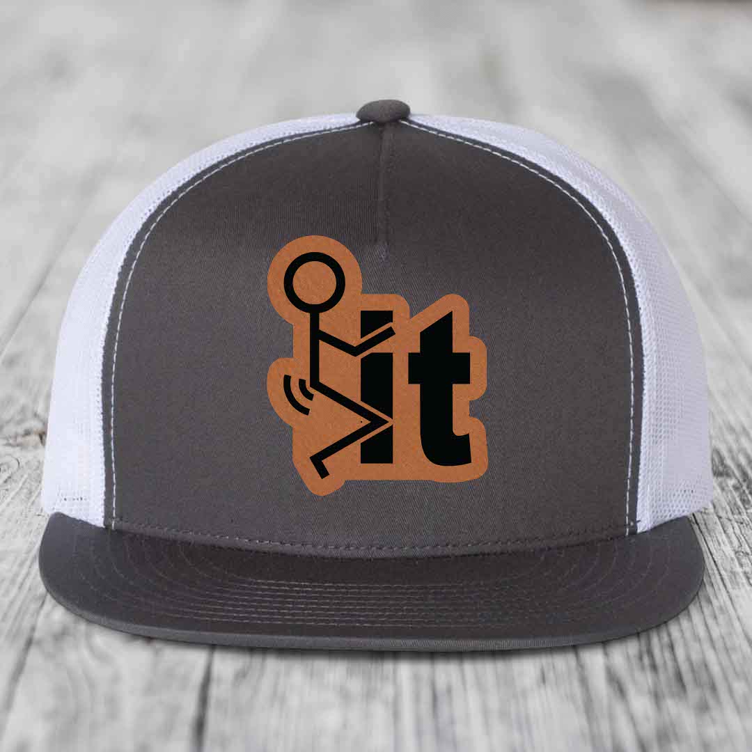 F*ck It - Leather Patch Hat - Rawhide to Black Patch - Yupoong 6006 Snapback Flatbill Hat