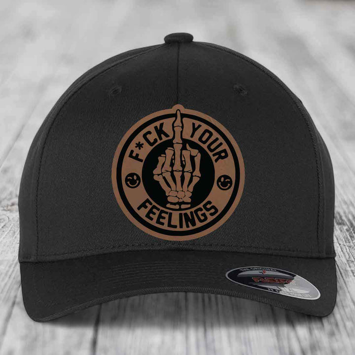 F*ck Your Feelings - Leather Patch Hat - Dark Brown to Black Patch - Flexfit 6277 Fitted Hat
