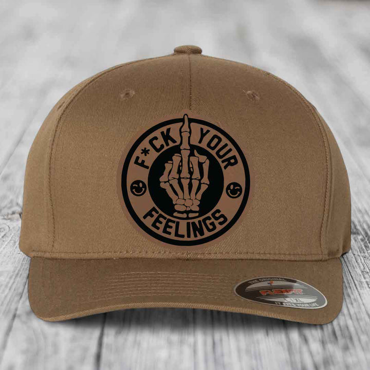 F*ck Your Feelings - Leather Patch Hat - Dark Brown to Black Patch - Flexfit 6277 Fitted Hat