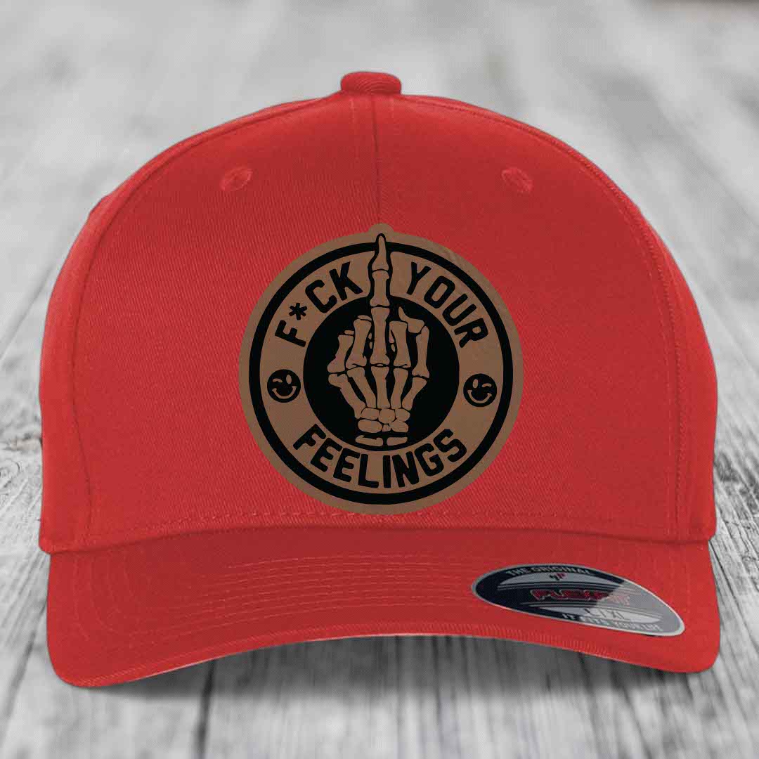 F*ck Your Feelings - Leather Patch Hat - Dark Brown to Black Patch - Flexfit 6277 Fitted Hat