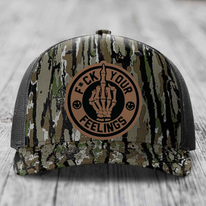 F*ck Your Feelings - Leather Patch Hat - Dark Brown to Black Patch - Richardson 112PFP Snapback Trucker Hat