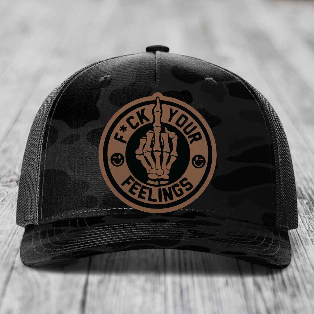 F*ck Your Feelings - Leather Patch Hat - Dark Brown to Black Patch - Richardson 112PFP Snapback Trucker Hat