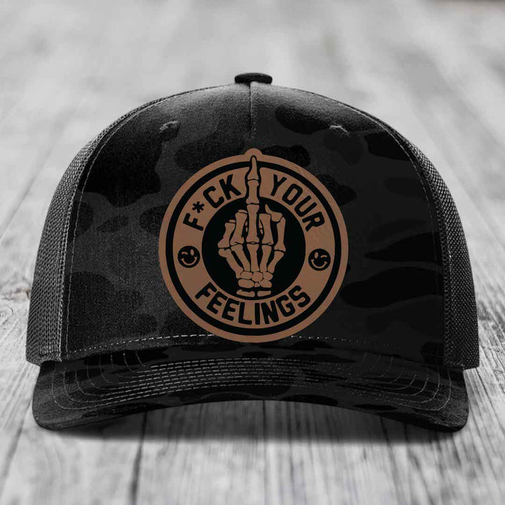 F*ck Your Feelings - Leather Patch Hat - Dark Brown to Black Patch - Richardson 112PFP Snapback Trucker Hat