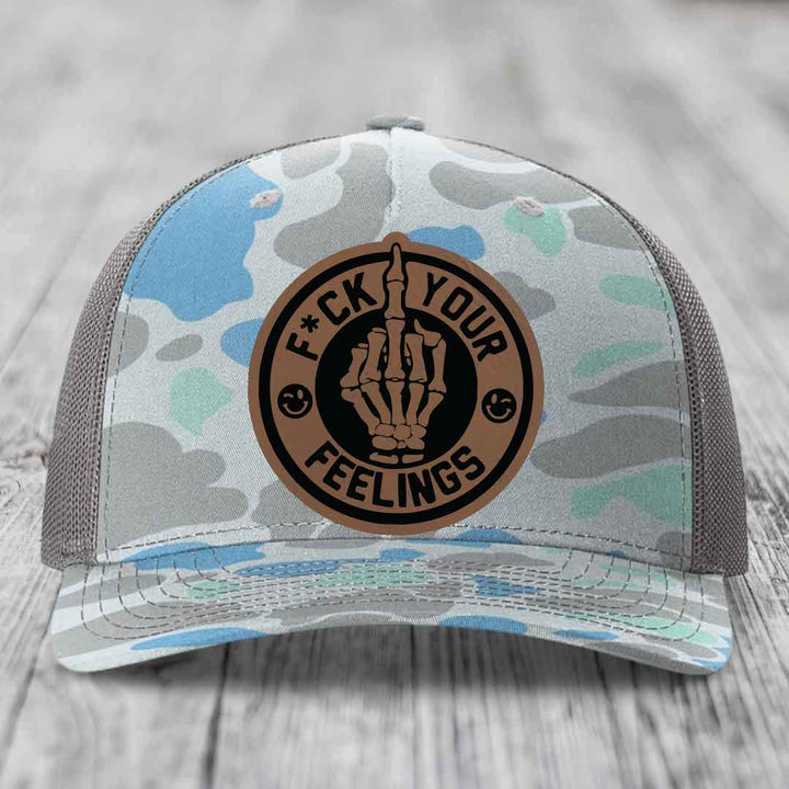 F*ck Your Feelings - Leather Patch Hat - Dark Brown to Black Patch - Richardson 112PFP Snapback Trucker Hat