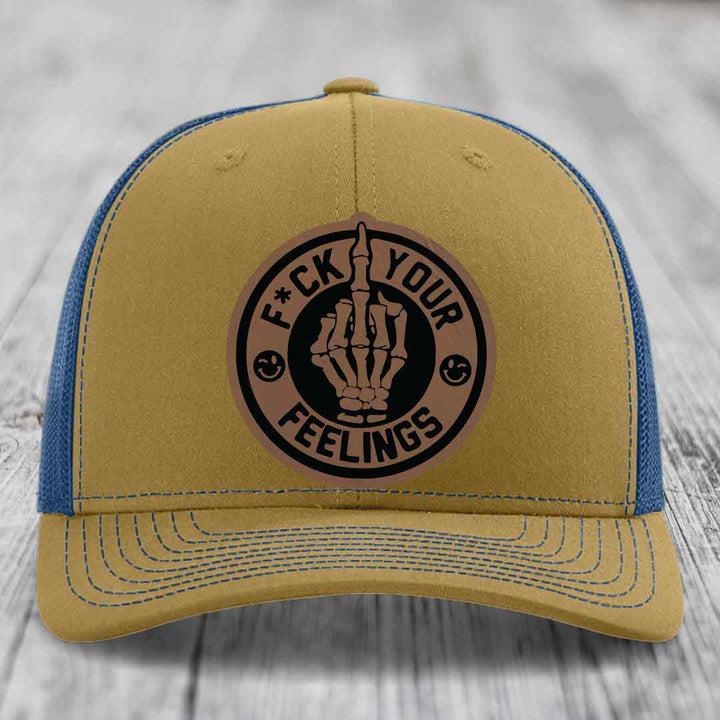 F*ck Your Feelings - Leather Patch Hat - Dark Brown to Black Patch - Richardson 112 Snapback Trucker Hat