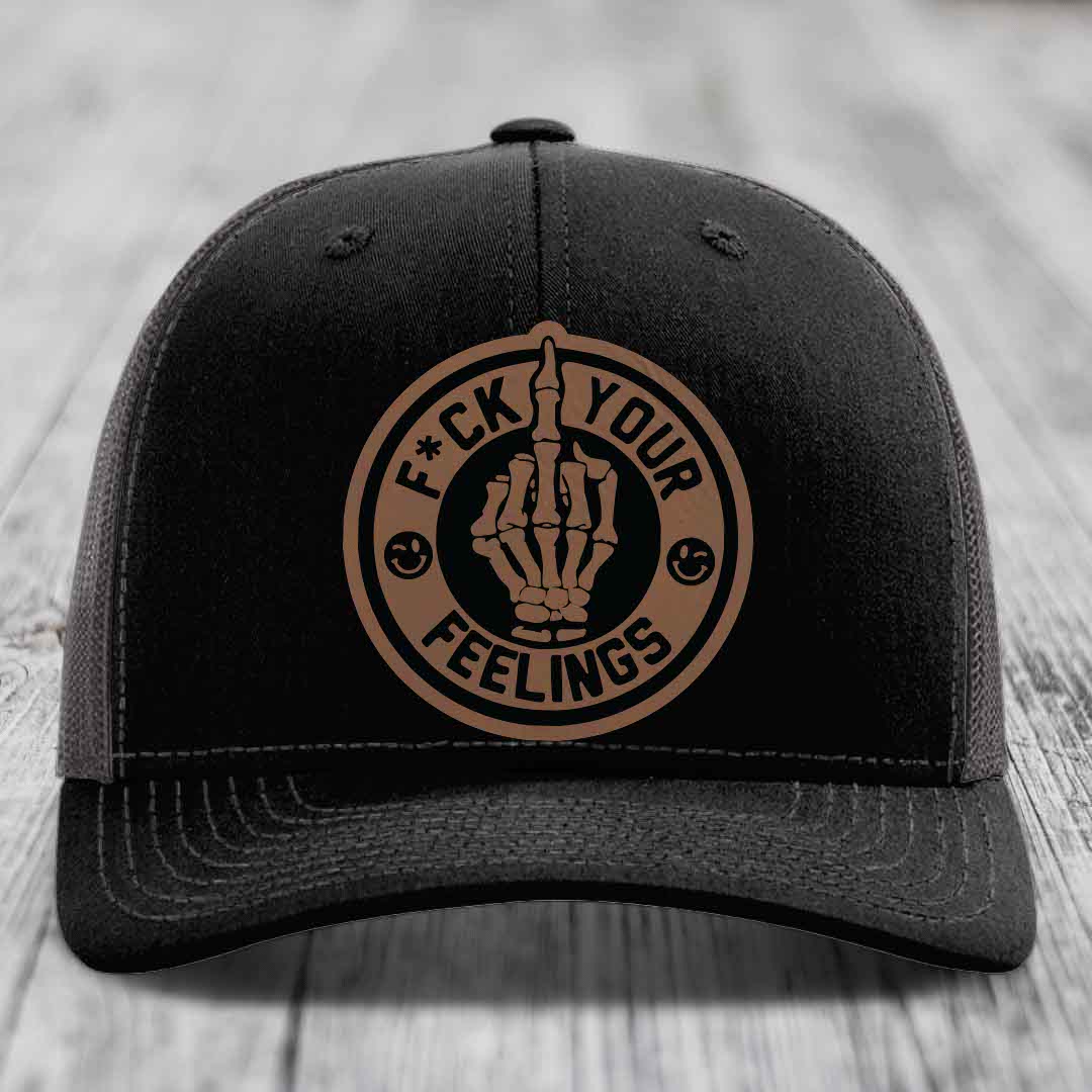 F*ck Your Feelings - Leather Patch Hat - Dark Brown to Black Patch - Richardson 112 Snapback Trucker Hat