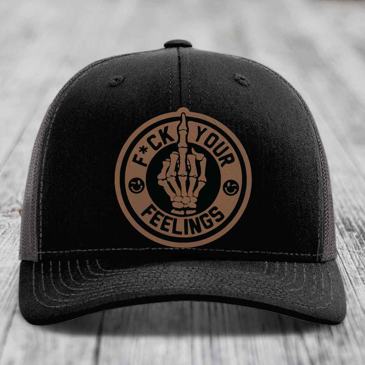 F*ck Your Feelings - Leather Patch Hat - Dark Brown to Black Patch - Richardson 112 Snapback Trucker Hat