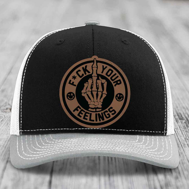 F*ck Your Feelings - Leather Patch Hat - Dark Brown to Black Patch - Richardson 112 Snapback Trucker Hat