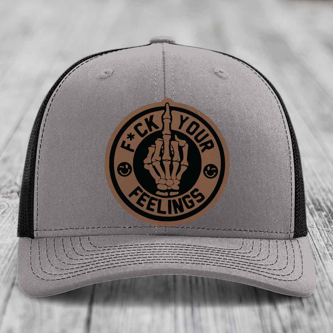 F*ck Your Feelings - Leather Patch Hat - Dark Brown to Black Patch - Richardson 112 Snapback Trucker Hat