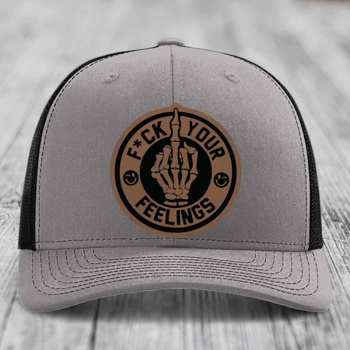 F*ck Your Feelings - Leather Patch Hat - Dark Brown to Black Patch - Richardson 112 Snapback Trucker Hat
