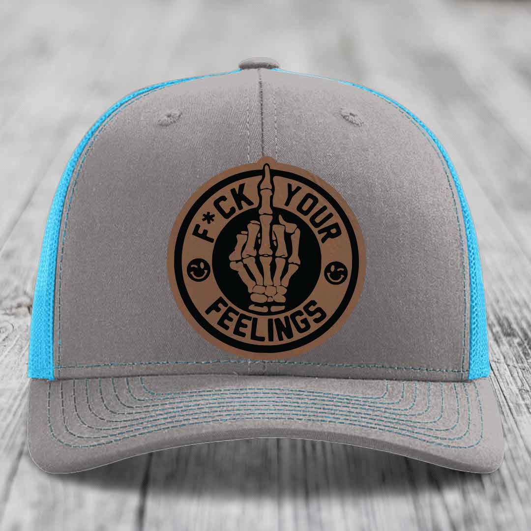F*ck Your Feelings - Leather Patch Hat - Dark Brown to Black Patch - Richardson 112 Snapback Trucker Hat