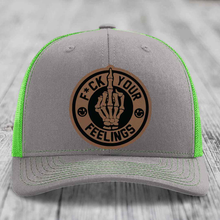 F*ck Your Feelings - Leather Patch Hat - Dark Brown to Black Patch - Richardson 112 Snapback Trucker Hat