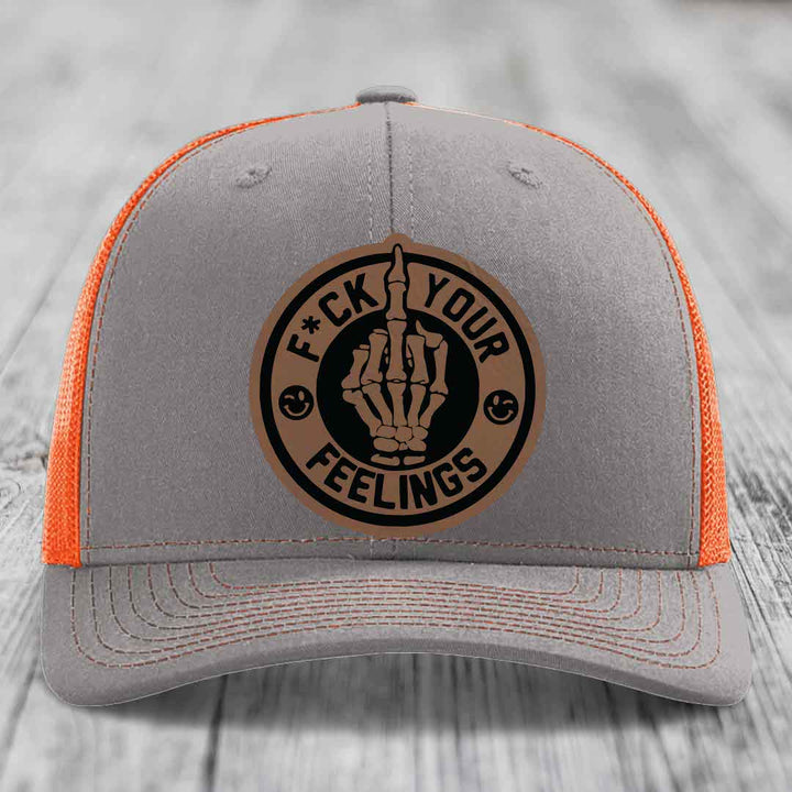 F*ck Your Feelings - Leather Patch Hat - Dark Brown to Black Patch - Richardson 112 Snapback Trucker Hat