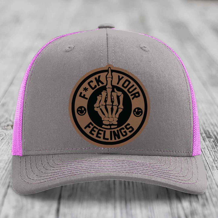 F*ck Your Feelings - Leather Patch Hat - Dark Brown to Black Patch - Richardson 112 Snapback Trucker Hat