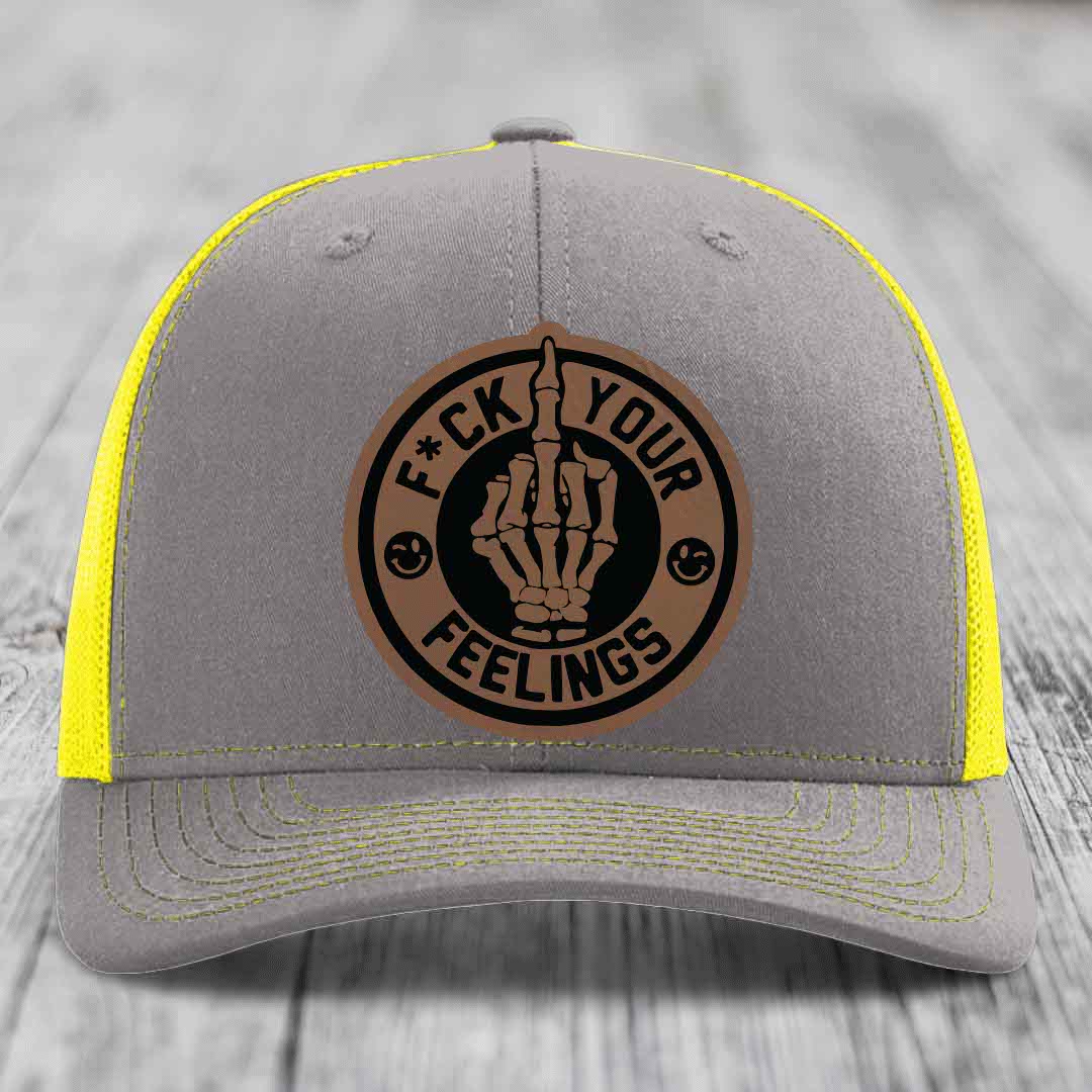 F*ck Your Feelings - Leather Patch Hat - Dark Brown to Black Patch - Richardson 112 Snapback Trucker Hat