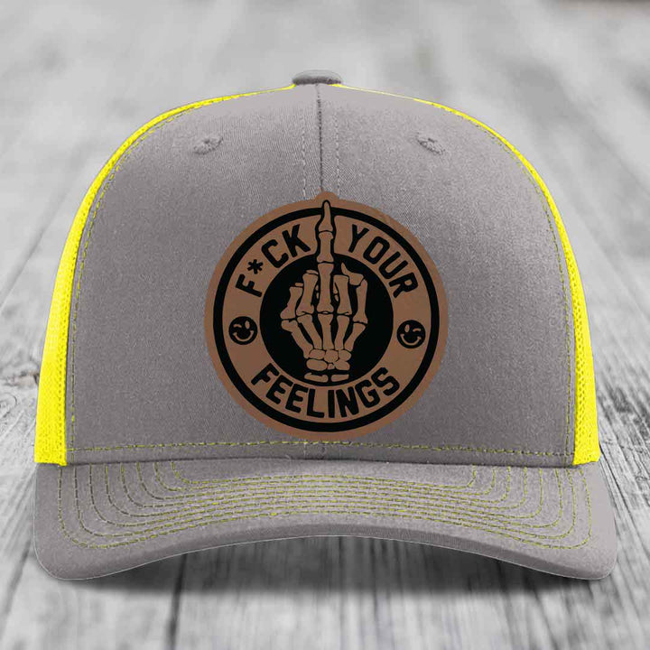 F*ck Your Feelings - Leather Patch Hat - Dark Brown to Black Patch - Richardson 112 Snapback Trucker Hat
