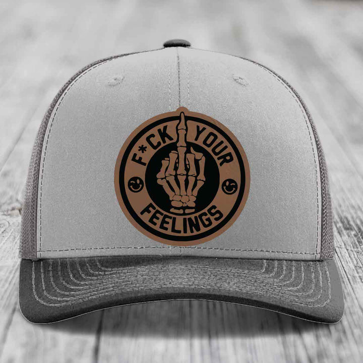 F*ck Your Feelings - Leather Patch Hat - Dark Brown to Black Patch - Richardson 112 Snapback Trucker Hat
