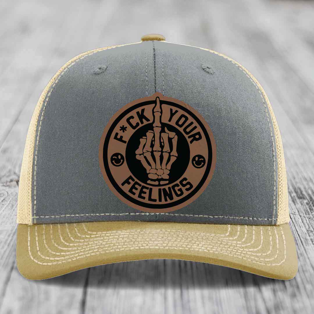 F*ck Your Feelings - Leather Patch Hat - Dark Brown to Black Patch - Richardson 112 Snapback Trucker Hat