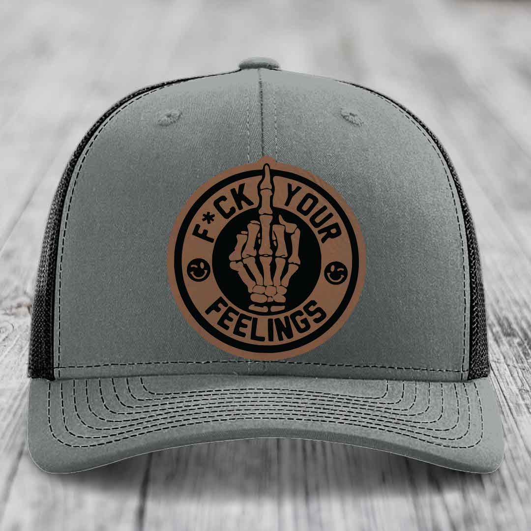 F*ck Your Feelings - Leather Patch Hat - Dark Brown to Black Patch - Richardson 112 Snapback Trucker Hat