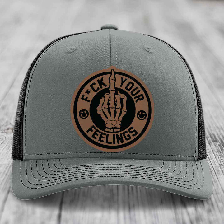 F*ck Your Feelings - Leather Patch Hat - Dark Brown to Black Patch - Richardson 112 Snapback Trucker Hat