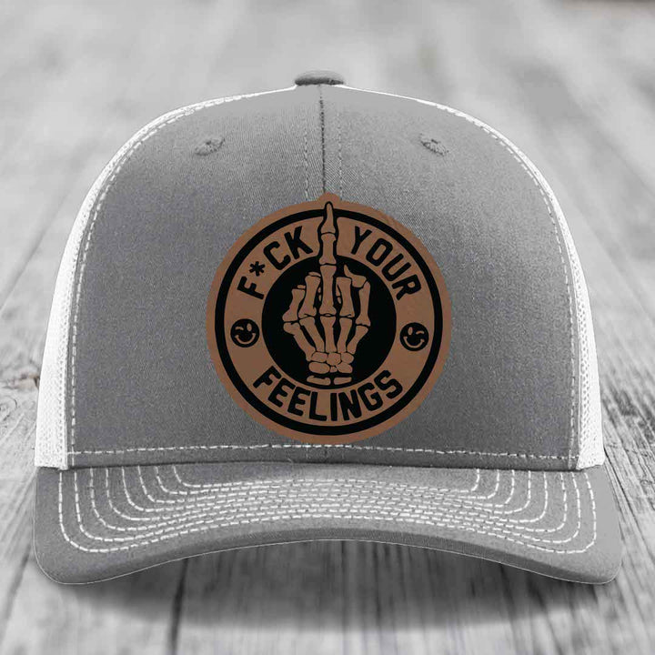 F*ck Your Feelings - Leather Patch Hat - Dark Brown to Black Patch - Richardson 112 Snapback Trucker Hat