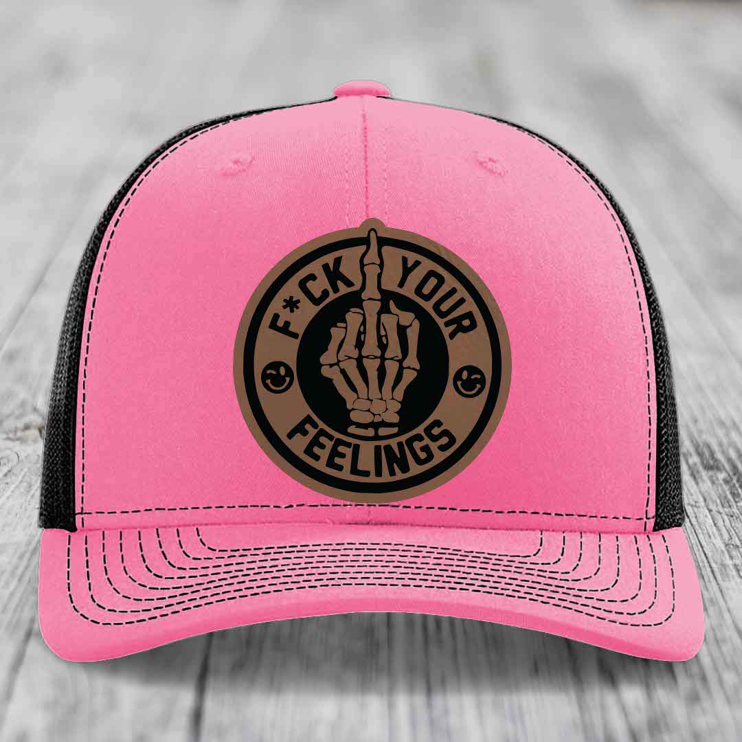 F*ck Your Feelings - Leather Patch Hat - Dark Brown to Black Patch - Richardson 112 Snapback Trucker Hat