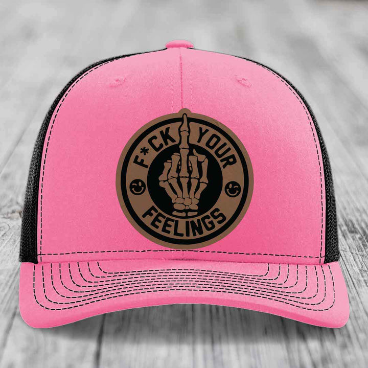 F*ck Your Feelings - Leather Patch Hat - Dark Brown to Black Patch - Richardson 112 Snapback Trucker Hat