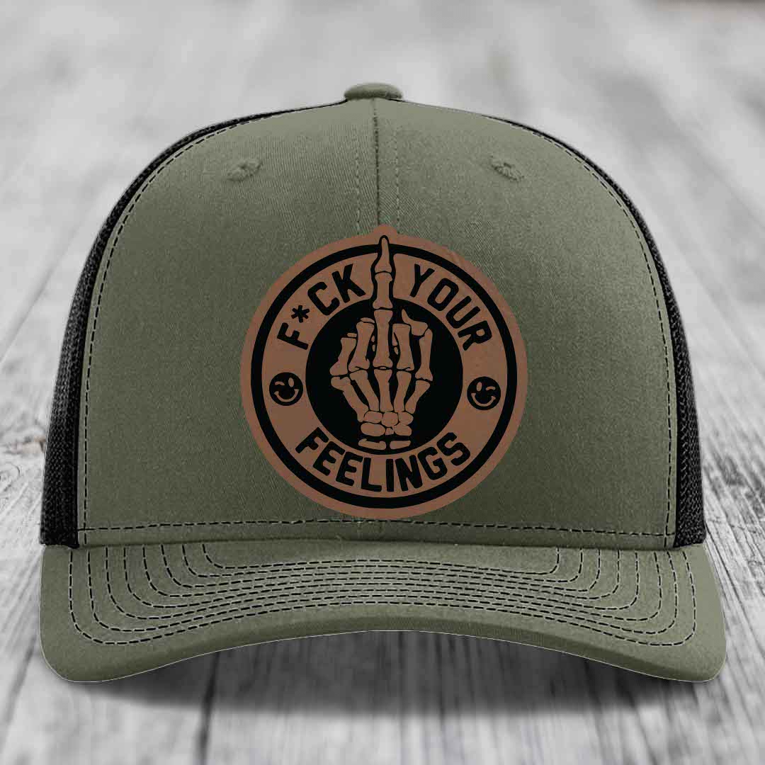 F*ck Your Feelings - Leather Patch Hat - Dark Brown to Black Patch - Richardson 112 Snapback Trucker Hat