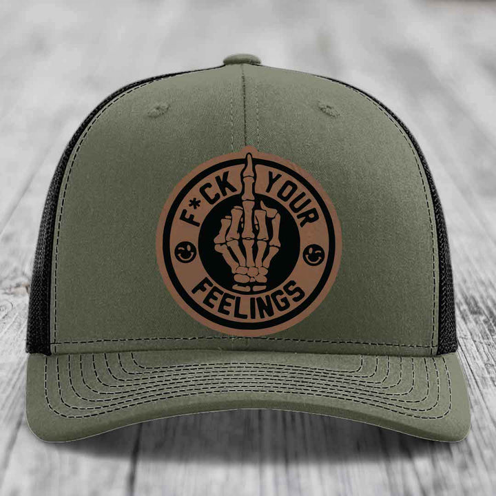 F*ck Your Feelings - Leather Patch Hat - Dark Brown to Black Patch - Richardson 112 Snapback Trucker Hat
