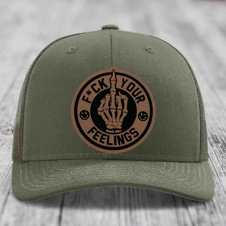 F*ck Your Feelings - Leather Patch Hat - Dark Brown to Black Patch - Richardson 112 Snapback Trucker Hat