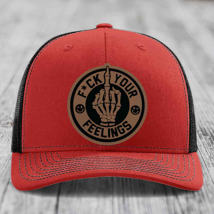 F*ck Your Feelings - Leather Patch Hat - Dark Brown to Black Patch - Richardson 112 Snapback Trucker Hat